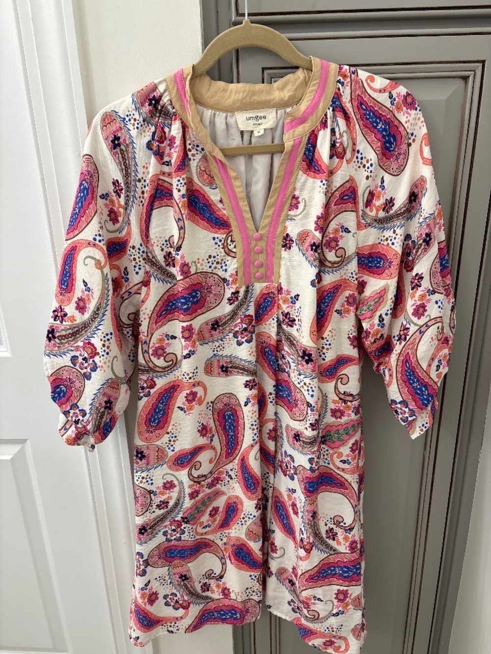 Umgee pink, royal blue and ivory paisley dress